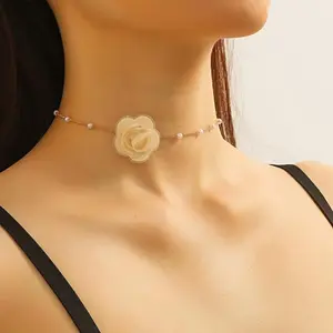Elegant 18K Gold-Plated Choker Necklace Faux Pearl & Acrylic Flower Design Stylish Jewelry for Parties, Weddings & Daily Wear Perfect for Special Occasions