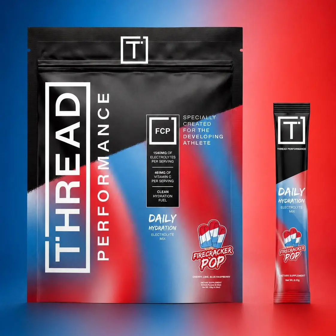 Thread Performance Firecracker Pop Daily Hydration for Teen Athletes - Potassium-First Hydration with Magnesium, Trace Minerals & B6 B12 - Sugar-Free Electrolyte - 15 Stick Packs