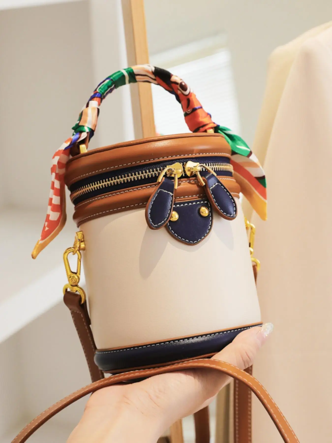 Fashion Colorblock Bucket Bag, Casual Pu Leather Zipper Crossbody Bag for Women, Casual Trendy Versatile High-quality Daily Commuting Bag, Girl Fashio