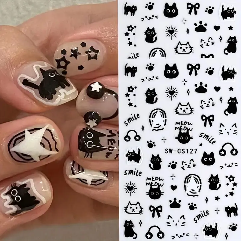 2pcs Cute Cartoon Animal Nail Stickers, Cat, Kitten, Cat Design, Glossy Surface, Nail Art DIY, Nail Art Supplies, Nail Art Decoration, Fun Animal Designs, Nail Decorations