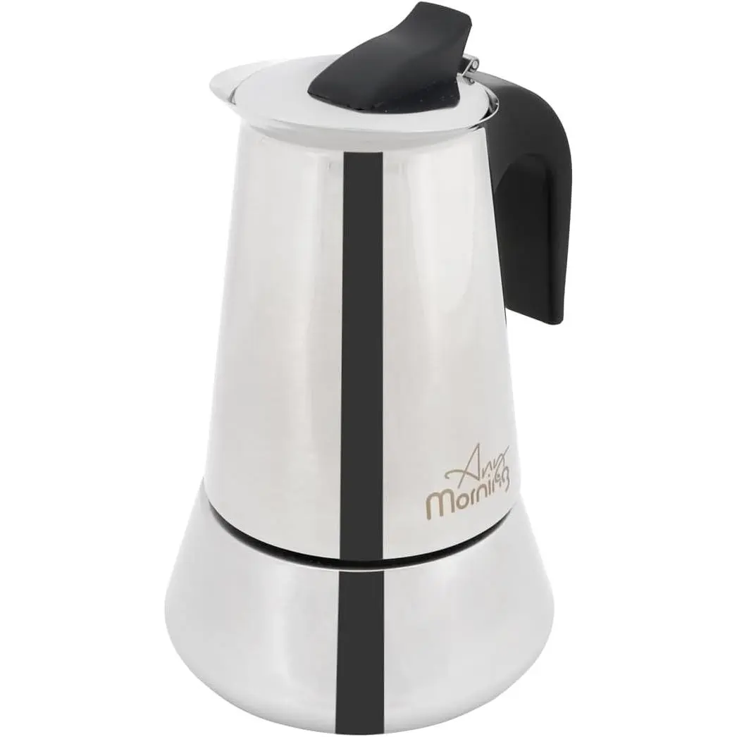 Any Morning Stainless Steel Stovetop Espresso Maker, 300 ml, - Italian Moka Pot for Home & Camping - Compact Cafetera with Filter - Perfect Coffee Percolator for Travel 10 Oz 6-Cup Capacity