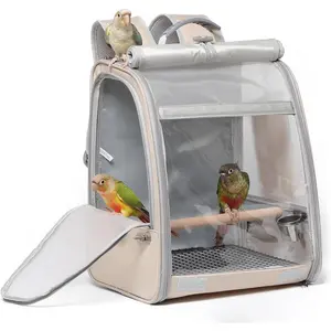 Portable Travel Bird Carrier Backpack with Standing Perch, 2 Feeder Cups, Iron Mesh Stand & Removable Tray, Lightweight Breathable Mesh Window for Parrot, Easy Clean (Cream)