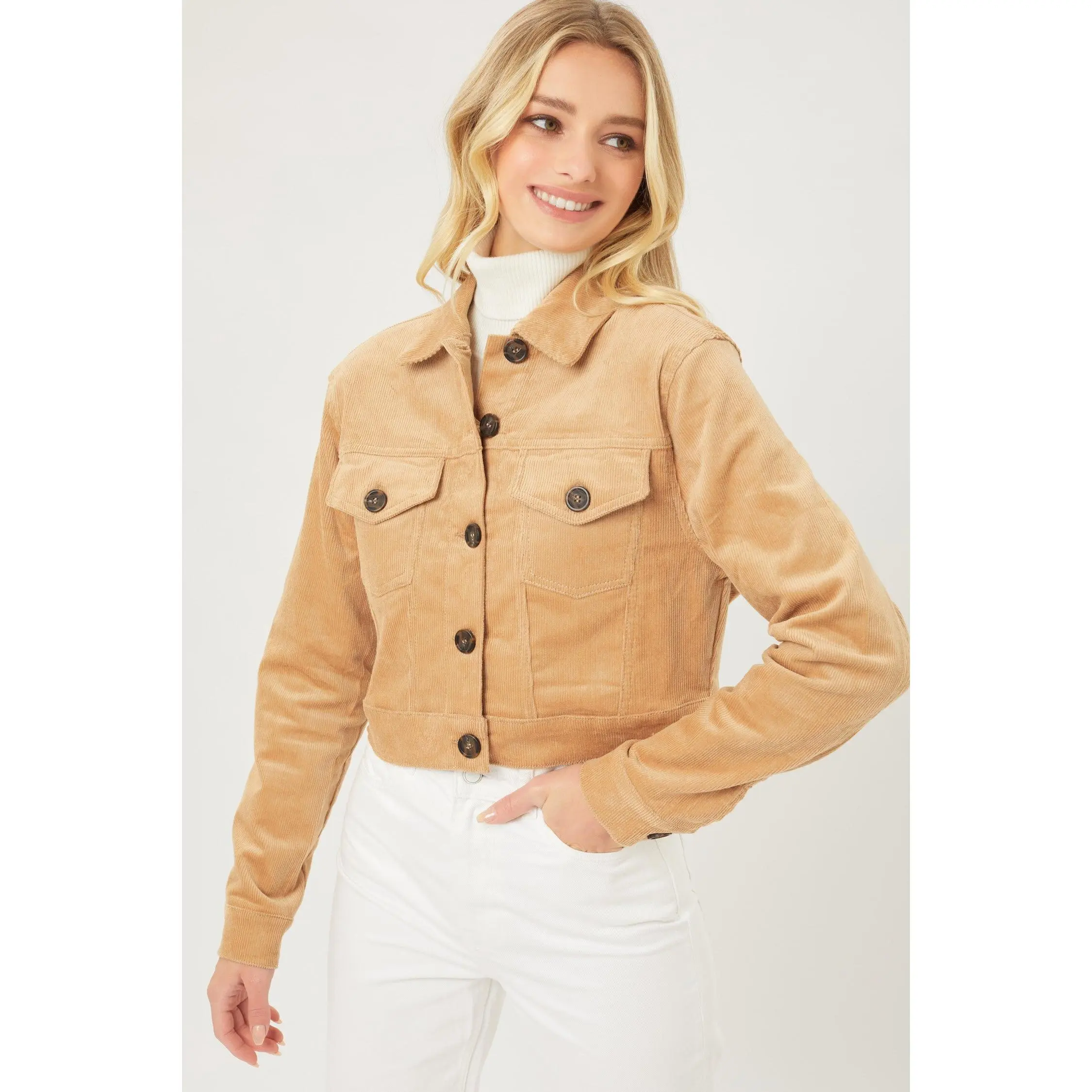 CROPPED CORDUROY JACKET IN KHAKI