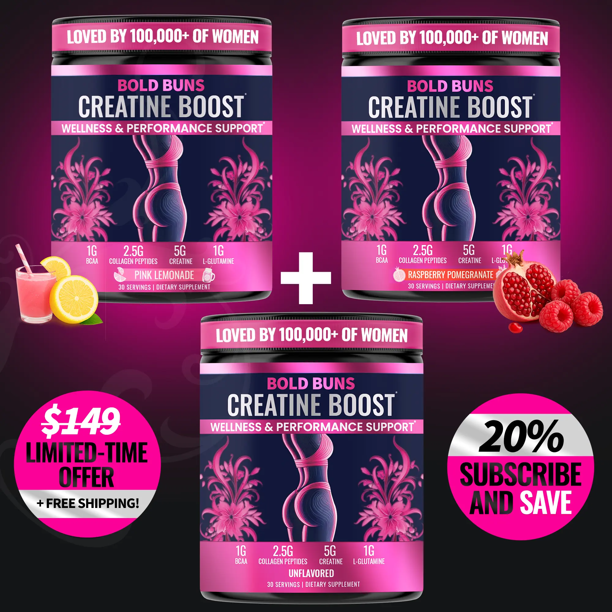 Bold Buns Creatine Boost Powder for Women — 3-Pack Variety Bundle — Unflavored, Pink Lemonade & Raspberry Pomegranate — 90 Total Servings