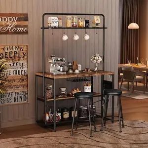 Industrial Kitchen Island Dining Table with Power Outlet – Includes 2 Bar Stools, 3-Tier Storage Shelves, 5 Hooks, Microwave Stand – Multifunctional Coffee Bar for Dining Room, Living Room