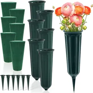 6 Pack Cemetery Vases with  Inserts, Memorial Floral Vases with Spikes, Grave Flower Holder Cones for Outdoor Use, Lawn Headstone Graveside Decoration, Fresh or Artificial , Green