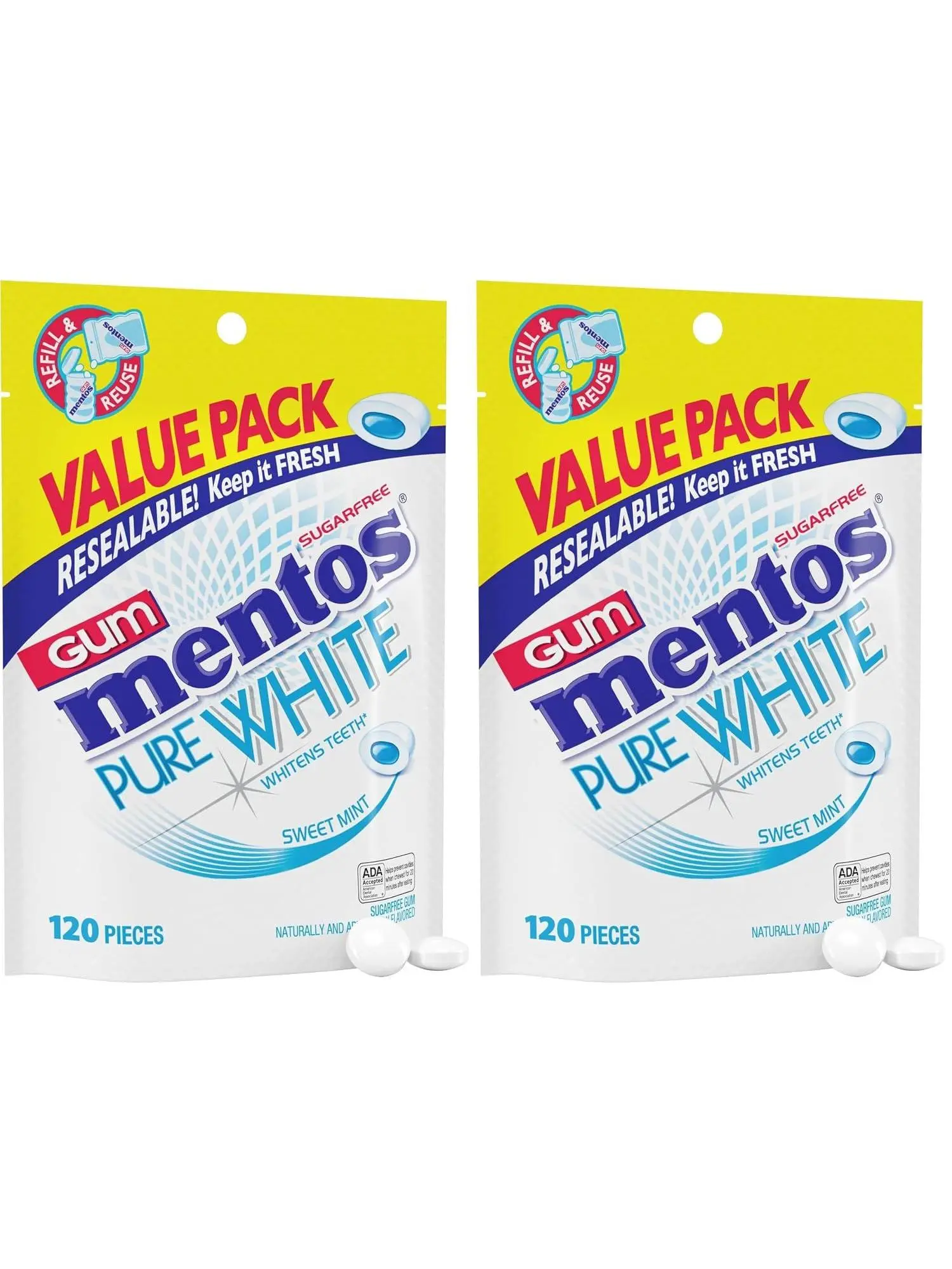 Mentos Pure Fresh Sugar Free Gum with Xylitol, Spearmint, 120 Piece Bag | Chewing Gum, Perfect for Long Lasting Fresh Breath at School, Work & Travel