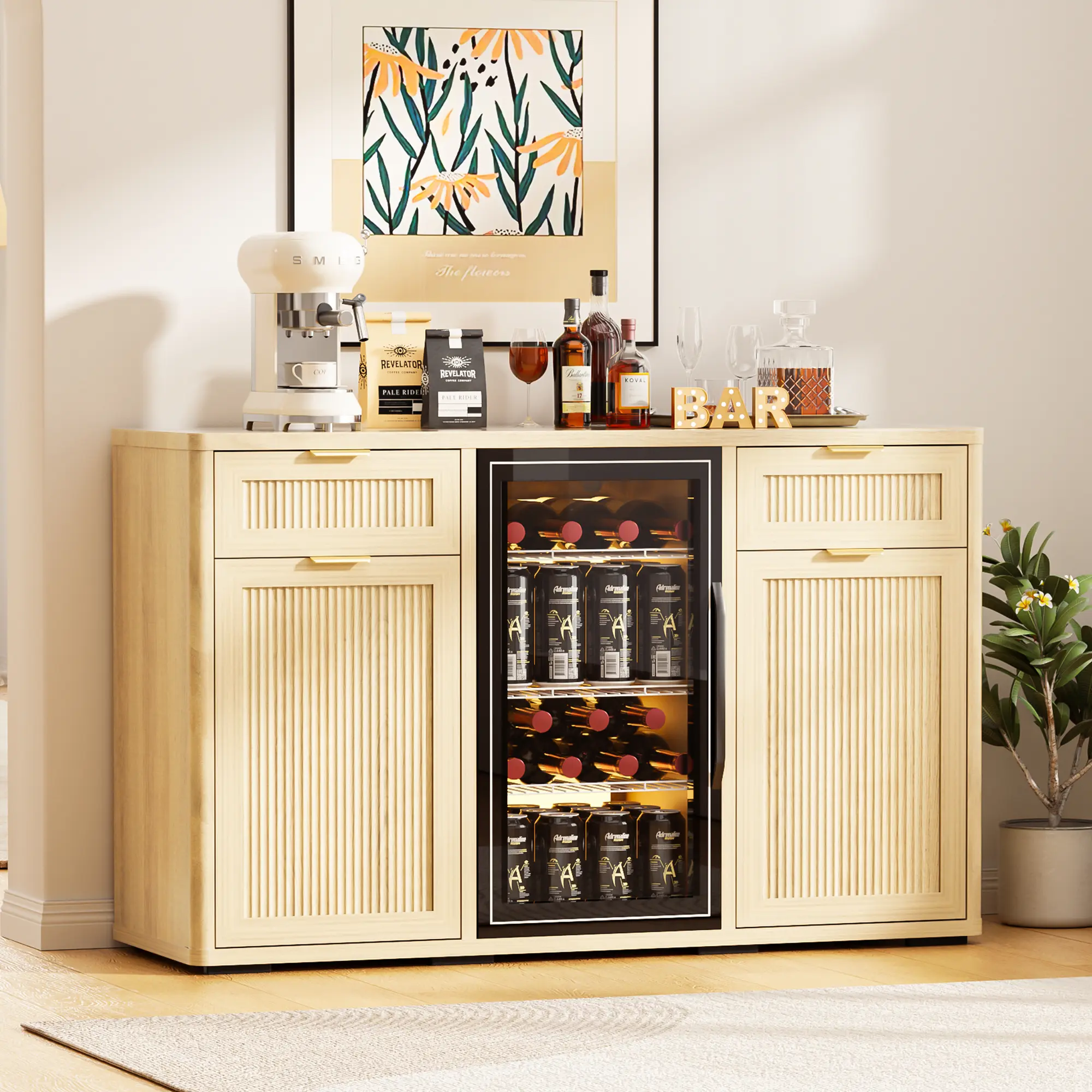 Spurgehom Wine Bar Cabinet with Mini Fridge Space, Liquor Coffee Cabinet with Hidden Trash Cabinet, Buffet Sideboard for Living Room, Kitchen, Dining Room summervibes Beverages Drawers Dresser homeessentials