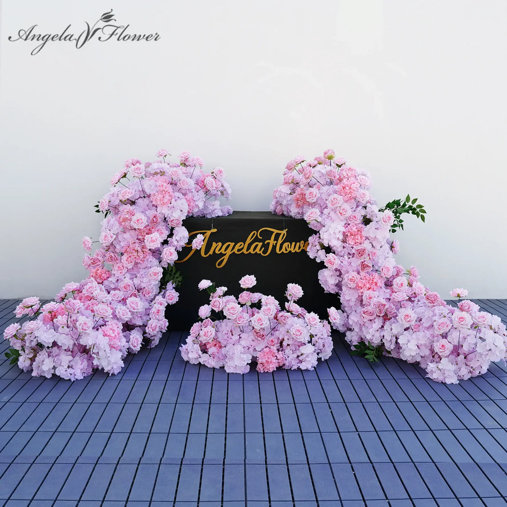 A8883 Silk Decorative Pink Blue Rose Hydrangea Floral Runner, Aisle Flower Prop for Wedding, Home Decor