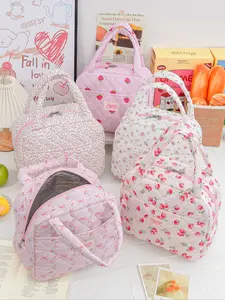 Large Capacity All Over Print Quilted Lunch Bag, Durable Lunch Bag, Lightweight & Reusable Insulated Bento Bag, Cute Bento Bag, Handheld Storage Bag with Pockets, Leak-proof Picnic Bag, Portable Lunch Bag