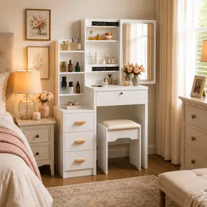 Small Space Makeup Vanity Desk with Tri-Color LED Hidden Mirror, Storage Drawers, Lights and Chair - Bedroom Dressing Table for Apartment, Dorm