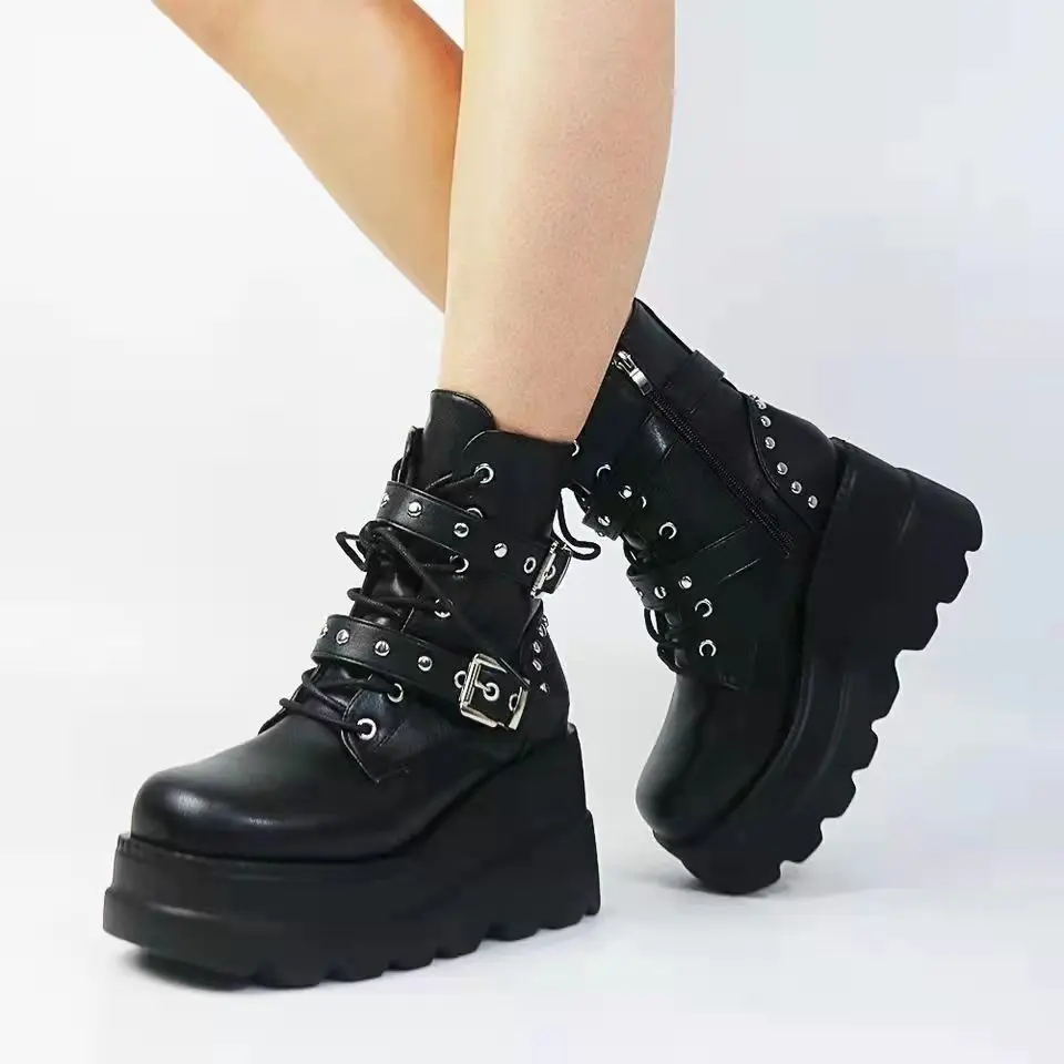 Women's Platform Ankle Combat Boots, Studded Buckle Strap Wedge Goth Ankle Boots, Lace Up Side Zipper Punk Motorcycle Boots for Street Club Music Festival Daily Wear