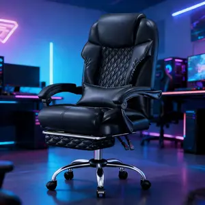 Raybee Furniture Comfortable Office Chair with Footrest, 145° Reclining Padded Big and Tall Computer Gaming Chair with Back Cushion, Height & Armrest Adjustable Executive Desk Chairs, 300 LBS Capacity
