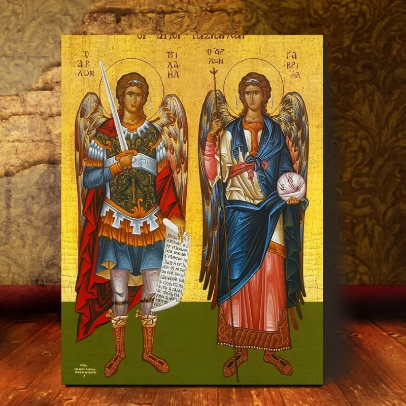 2D canvas print of 1 piece of Byzantine icon of the Archangels Michael and Gabriel - Traditional Greek Orthodox religious wall decoration with framed edges, spiritual home decor and gift, Ornate Religious Decorations, suitable for Christmas, design art