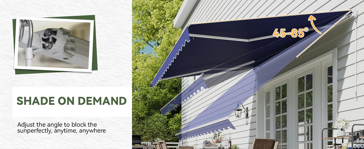 Aoxun Manual Retractable Awning for Outside 12x10 FT Outdoor Patio Sun Shades Canopy with Crank Handle Waterproof Polyester PA Coated Fabric for Backyard Deck Window