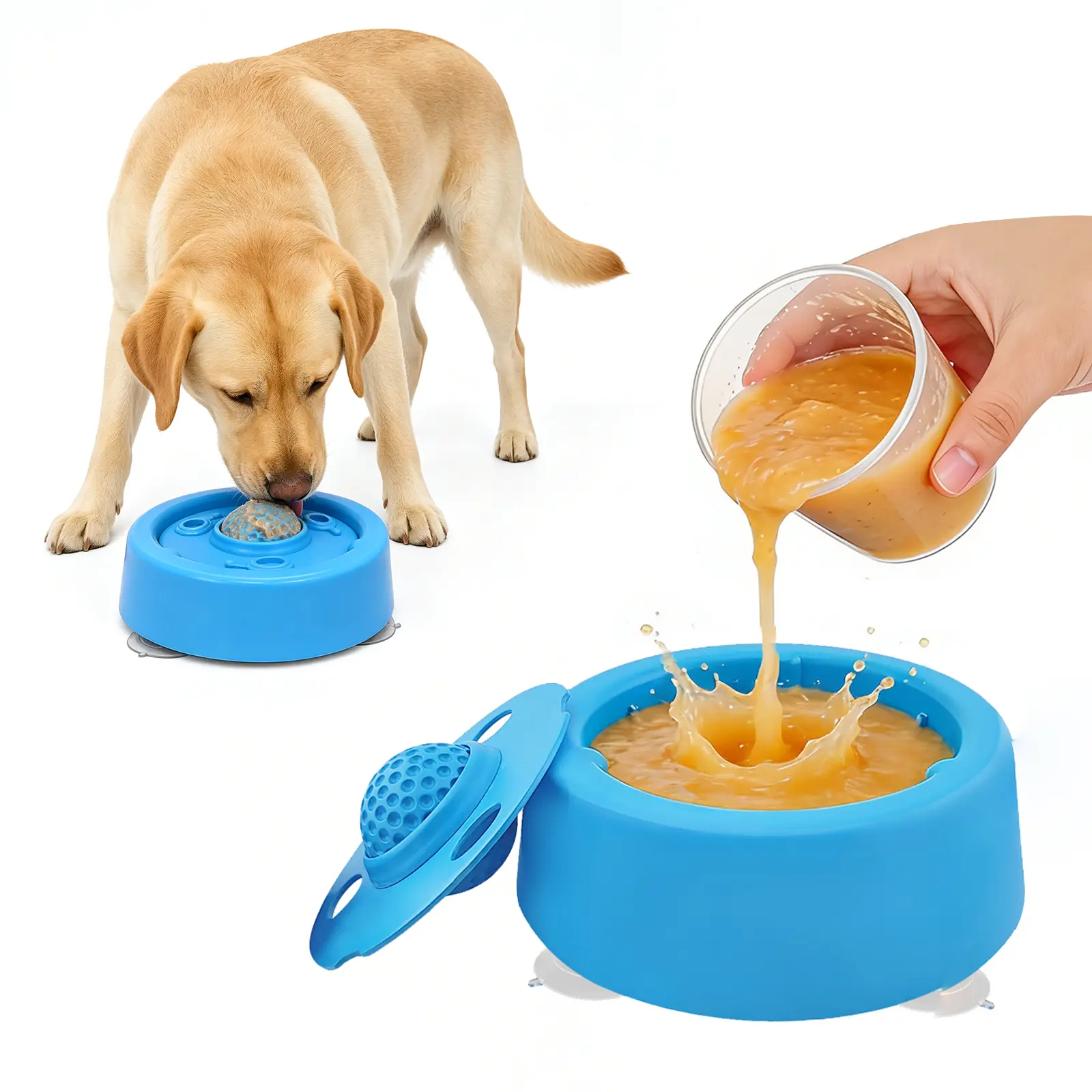 PawBubble 2-in-1 Food Slow Feeder Dog Bowl - Built-In Rolling Ball, Detachable Easy-Clean Structure, Suction Cup Base, Interactive Liquid Treat/Bone Broth Feeder, Anti-Swallow Puzzle Toy for Medium & Large Dogs