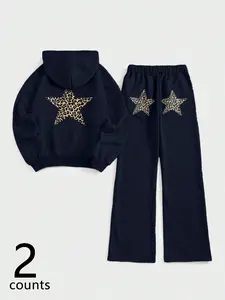 2-Piece Men's and Women's Oversized Casual Long Sleeves Hoodie and Pants Set, Navy Blue Loungewear with Gold Leopard Star Print, Comfortable Streetwear Vibe Jogger Suit