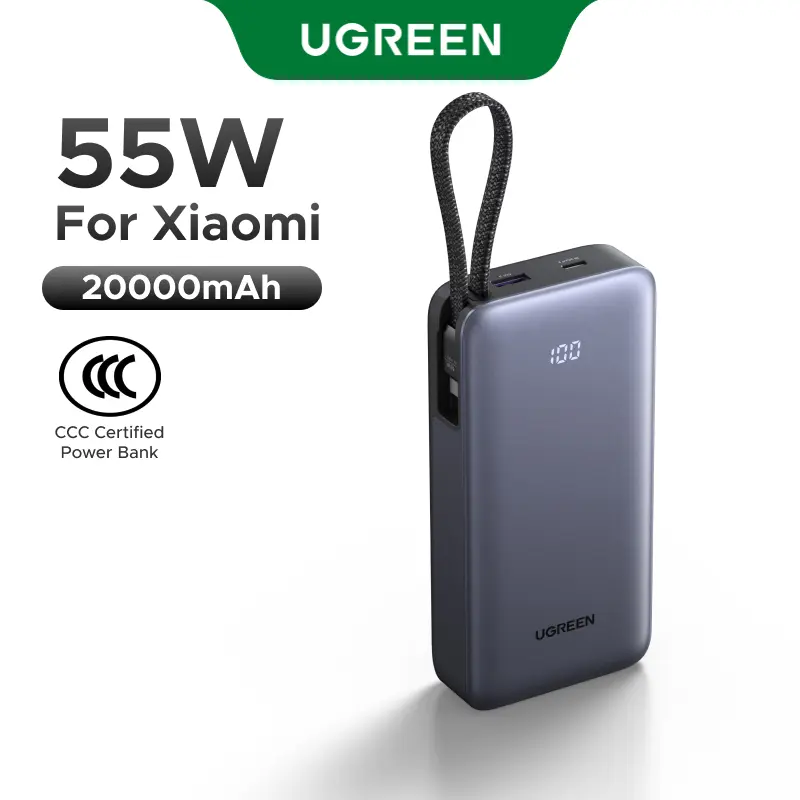 UGREEN 55W Power Bank 20000mAh, Portable Travel Charger Built-in USB C Cable, Fast Charging Battery Pack for iPhone 17/16/15/14/13, iPad, Samsung Galaxy, Google Pixel, Android and More（55W for Xiaomi） （1*USB-A+1*USB-C+1*USB-C Cable）,DealsForYouDays