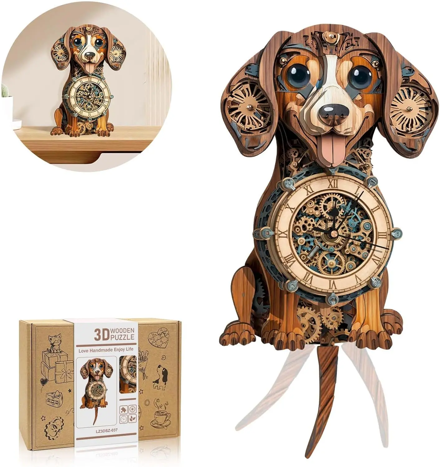 3D Mechanical Puzzle for Adults - Dachshund Design DIY Pendulum Clock Kit with Roman Numerals, AA-Powered, Easter Gift for Patience-Focused DIY Lovers, Desk/Walls Decor for Home/Office