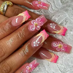 Flower Pattern 3D Steel Bead Decor Fake Nails with Nail File & Tape, 24pcs French Style Long Square Press on Nails for Women & Girls DIY Nail Art Design, Nail Art Supplies