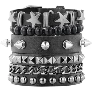 4 count Punk Gothic Braided Leather Bracelet for Women Men with Stone Beads Stretch Wristband Adjustbale