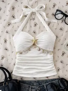 Mermaidcore Halter Top — Elegant Crinkle Texture Cami with Starfish & Shell Charms, Perfect for Beach Vacation and Daily Chic | Viral TikTok Trend, 2026 Summer Essential, Soft Breathable Fabric, Stunning Effortless Look Hype Y2K