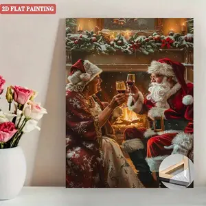 2D Flat 1 Piece Santa Claus And Mrs. Canvas Painting - Ready To Hang Wall, Comes With Wrapped Canvas Frame, Warm Red And Gold Festive Colors - Elegant Couple Portrait, Suitable Living Room, Bedroom, Dining Room - Wife, Can Be Hanged Directl