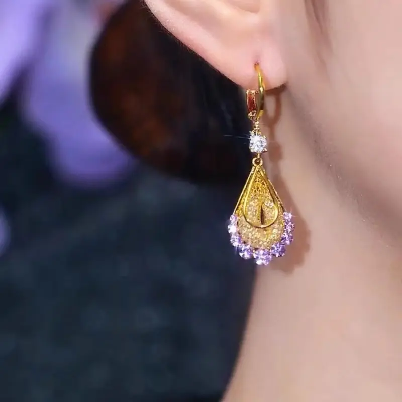 Shiny New trendy gold wire mesh purple crystal earrings, DDES0271 exquisite and high-end elegant earrings 14KGold-Plated