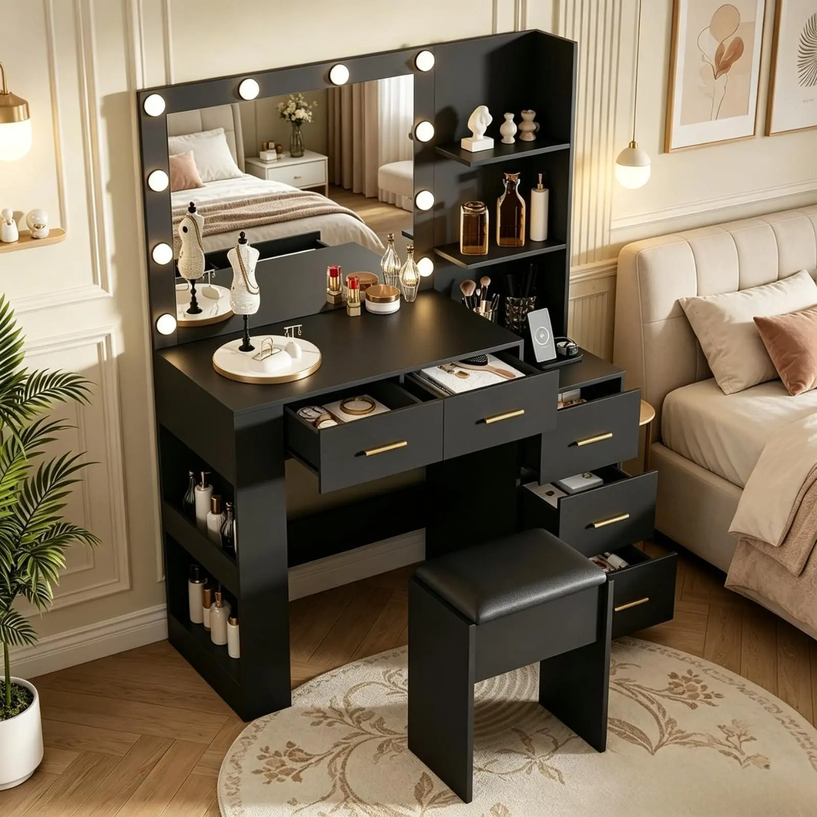41" Large Makeup Vanity Desk with Lighted 10-Bulb Mirror, 3 Color Lighting Modes, Built-in Outlets, 5 Drawers & Soft Cushioned Stool for Bedroom, Lighted Mirror