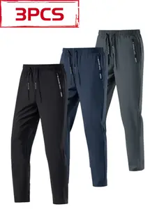 Men's Fashion Casual Solid Color Long Pants, Elastic Drawstring Design, Classic Versatile Micro Stretch Fabric, Zip Side Pockets