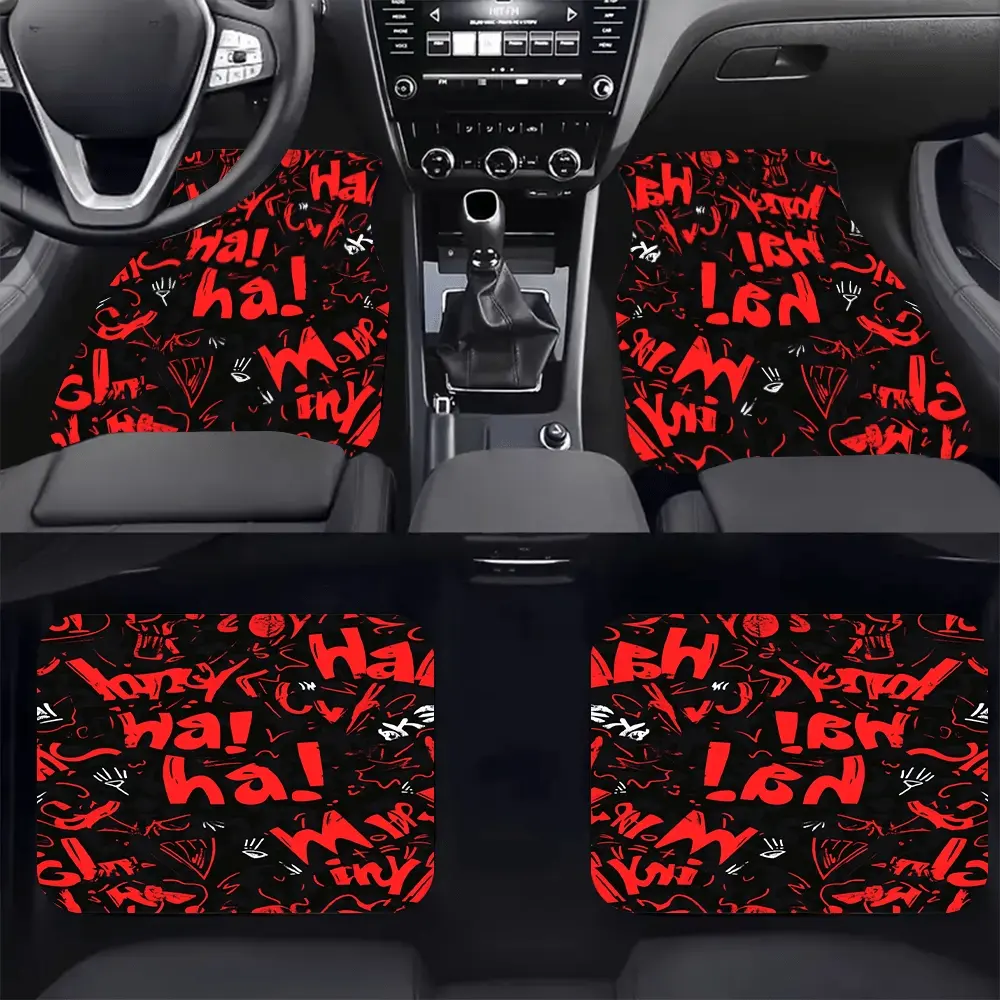 4pcs red graffiti automotive floor mats - stylish, non-slip, easy to clean, suitable for all vehicles, durable, provides long-term protection of the car interior, enhances driving pleasure, and is the best gift for friends or family