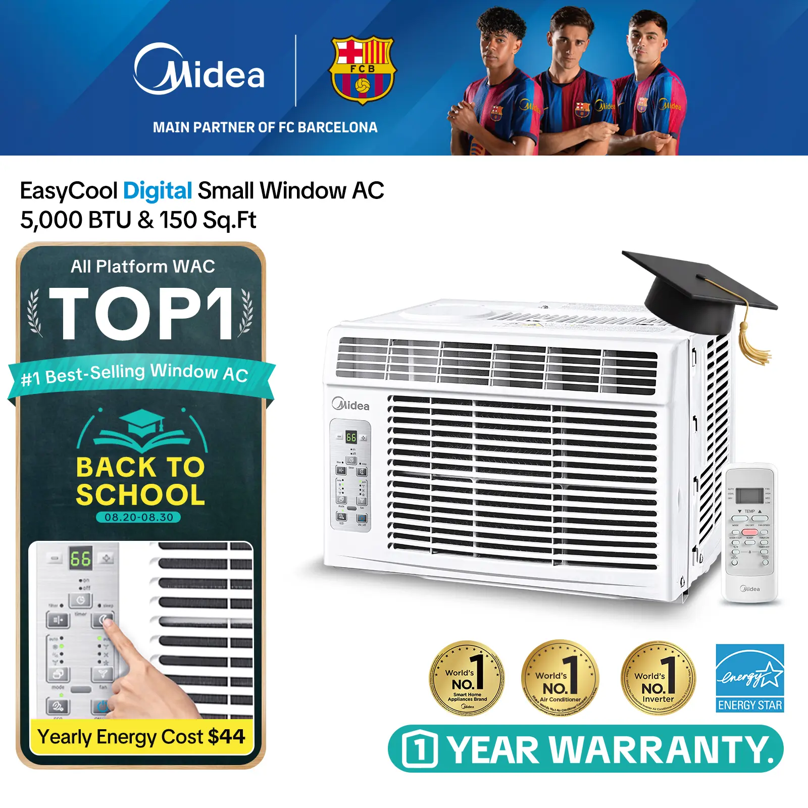 Midea 5,000 BTU Digital Window Air Conditioner, Cools up to 150 Sq. Ft. AC with Easy-to-Use Reusable Filter, Remote, Perfect AC for Bedroom, Living Room, Home Office, Electronic Control