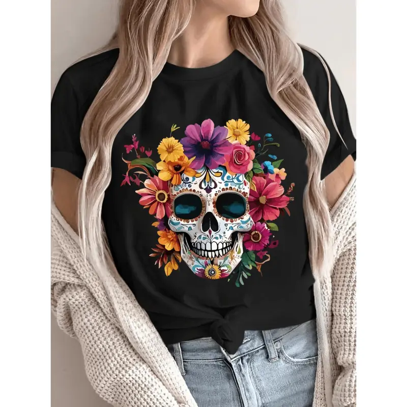 Women's Mexican Day of the Dead T-Shirt - Black Background with Colorful Print Sugar Skull - Soft Crew Neck Casual Summer Tee for Halloween, Dia de los Muertos, Casual Attire - Machine Washable Non-See Through Festival Top, Hallow