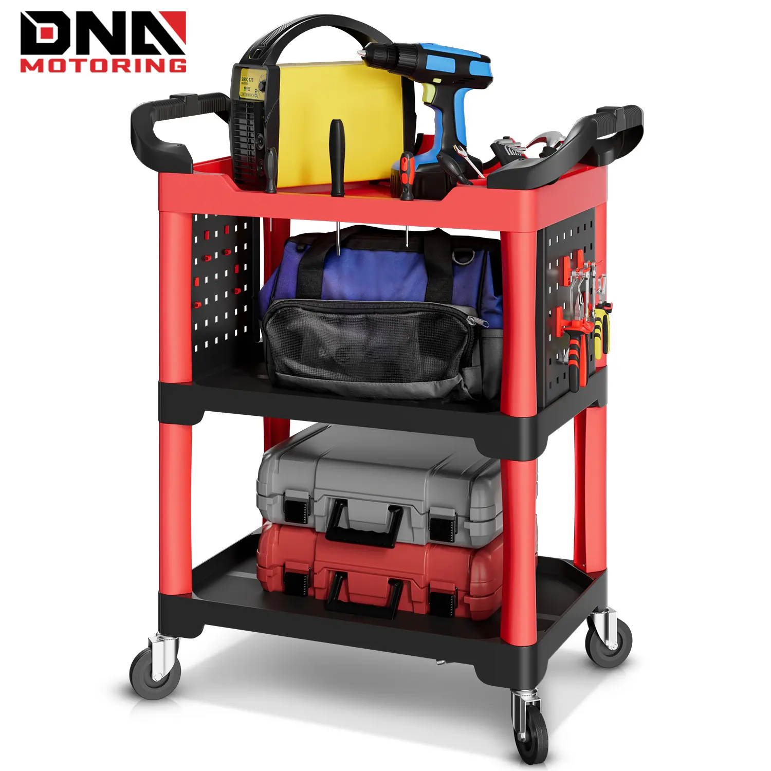 DNA MOTORING 3-Tier Plastic Tool Cart with Wheels, Heavy-Duty Utility Service Cart with Side Pegboard Organizer, 260 lbs Capacity for Garage Workshop Storage