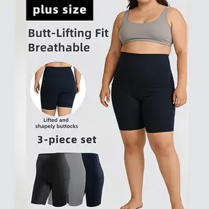 3Pcs Plus Size Women's Yoga Biker Shorts, High Waist High Elastic, Tummy Control Butt Lifting, Spring Summer Casual Cycling Shorts with Side Pockets, Outdoor Sports Workout Daily Wear, 1XL-5XL
