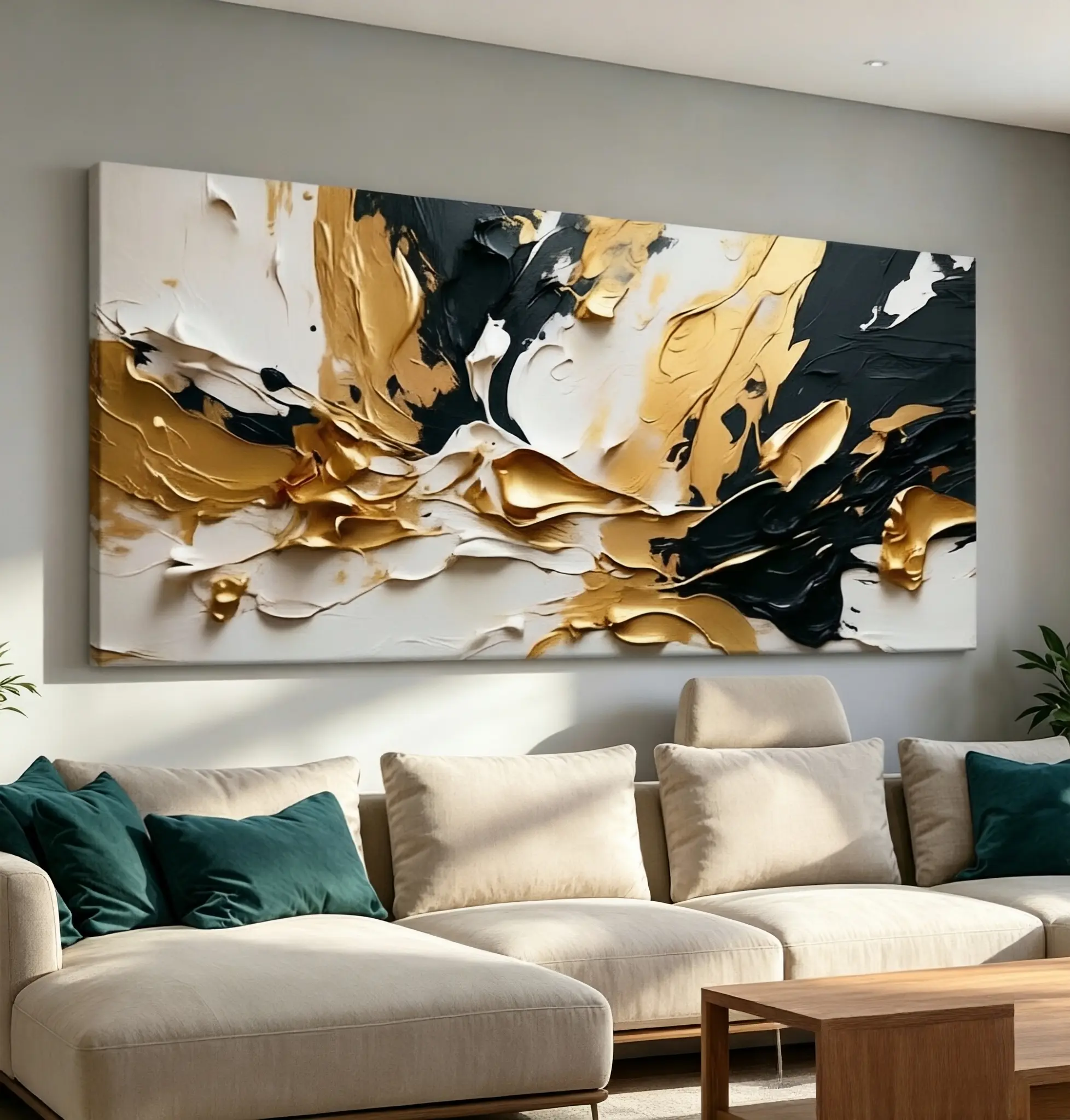 1 piece canvas painting with wood frame, modern abstract canvas wall art with black, white, gold and beige brushstrokes - simple living room and bedroom decor, large canvas wall art for decorating room, living room, office, etc