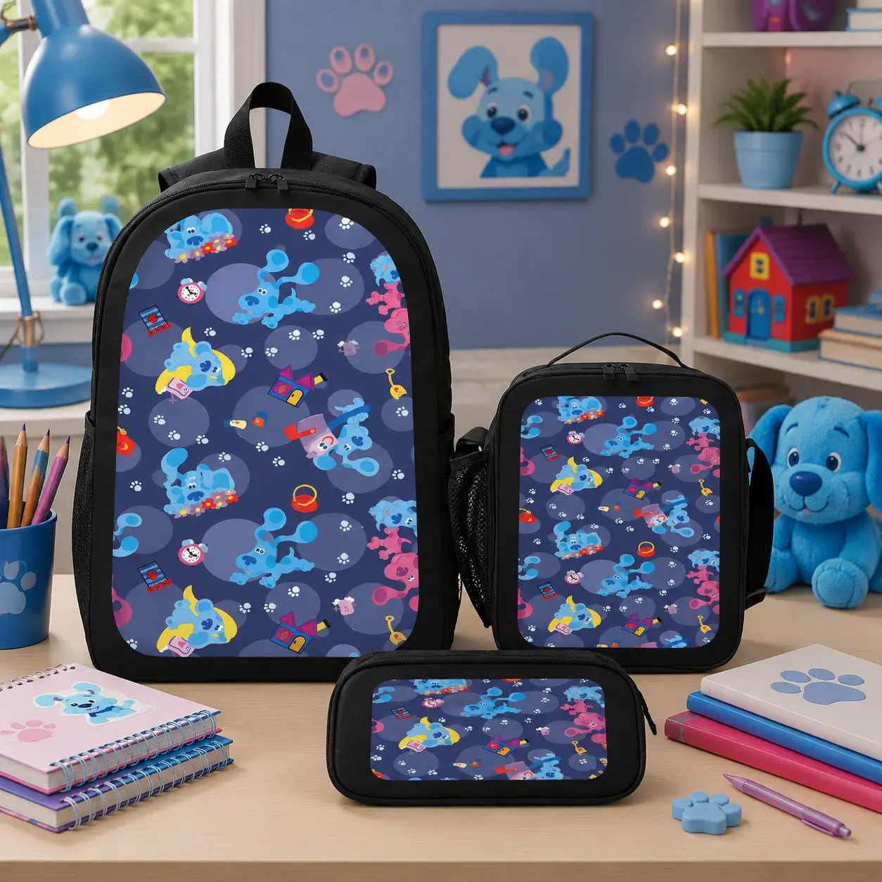 Blue's Clues Backpack Set 3PCS Backpack Lunch Bag Pencil Case Cartoon School Bag Lightweight Travel Daypack Bookbag for Boys Girls Preschool Students Back To School Gift Cute TikTok Viral Backpack Bundle Daily Carry Bag