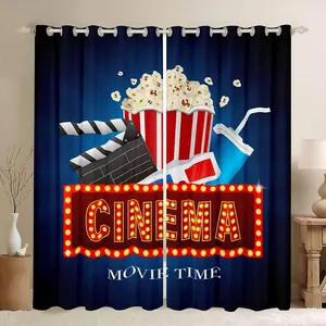 Movie Theater Blackout Curtains,Vintage Cinema Ticket Darkening Window Dreapes,Filmstrip Printed Home Decorative Curtain,Blue Window Treatments,Decor