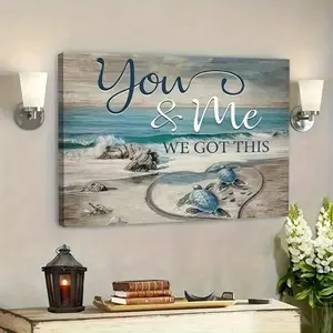 [Hanging Art]1pc Framed You & Me We Got This Beach Scene Canvas Print – Romantic Wall Art for Couples, Ready to Hang, Perfect for Bedroom & Living Room Decor, Ideal Anniversary or Wedding Gift, Wrapped Canvas Frame, Serene Coastal Design, 2D Flat