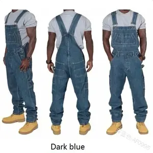 NewDark Blue Men's Cargo Jeans Overalls with Pockets Loose Fit Straight Style Plus Size Denim Streetwear AF0995