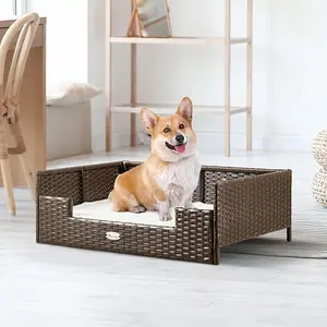 YITAHOME Rattan Dog Bed with Cushion,Wicker Pet Bed Sofa Couch Indoor Outdoor Water Resistant for Large Medium Small Dogs Cats (24.8''L*19.7''W*9.8'',Beige)