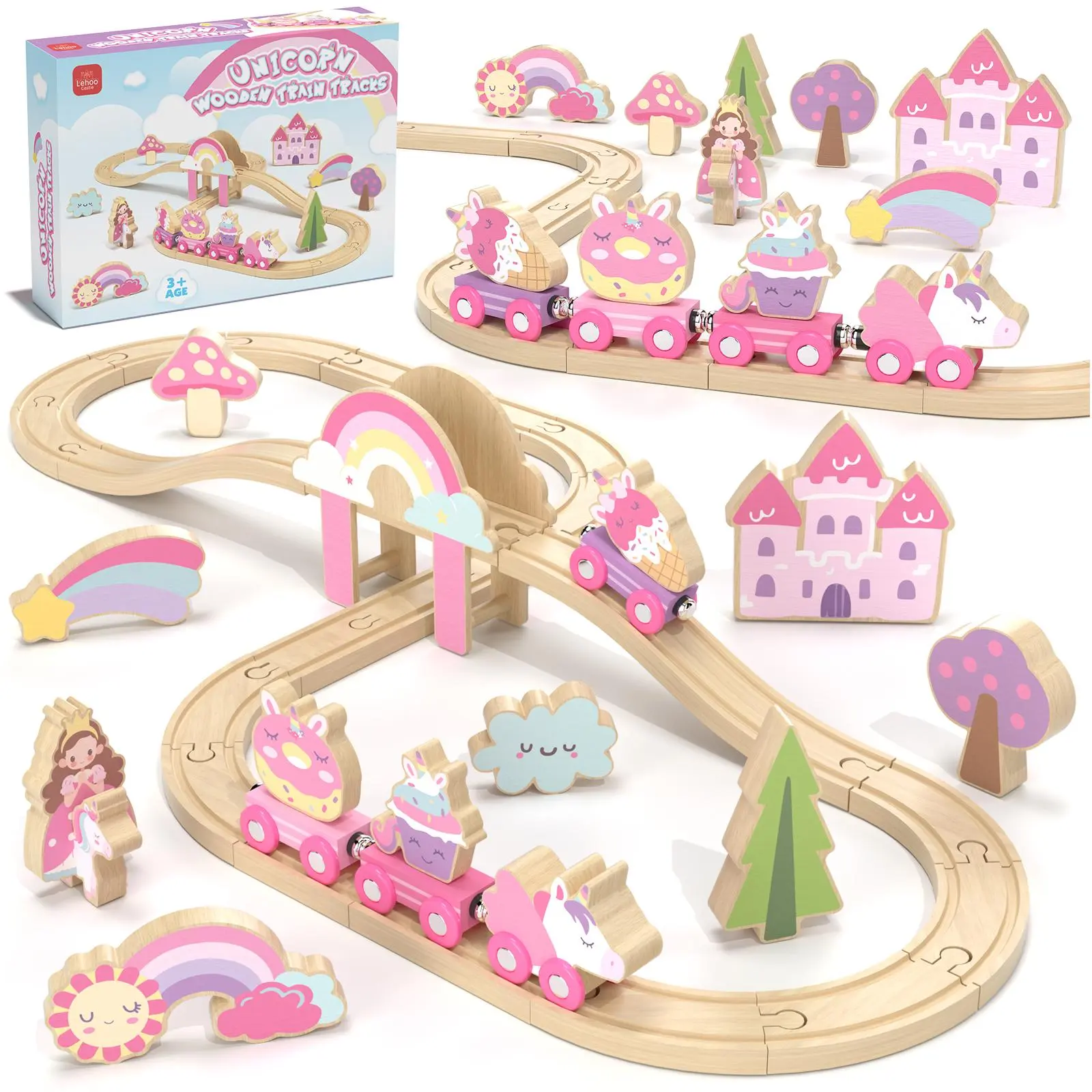 Unicorn Wooden Train Set, Train Set for kids, Wooden Train Track for Girls, Train Set with Tracks & Accessories, Unicorn Toys for Girls, Montessori Toys for Boys & Girls, Birthday Christmas Gifts for Little Girls