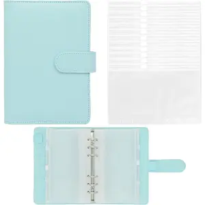 15 count A6 Binder Pockets with PU Leather Notebook Binder Cover Refillable 6 Round Ring Binder Set for Personal Planner Organizer, Budget Binder, Savings Binder (Blue)