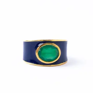 Hazel Oval Stone With Enamel Band Ring Navy + Green Size 7