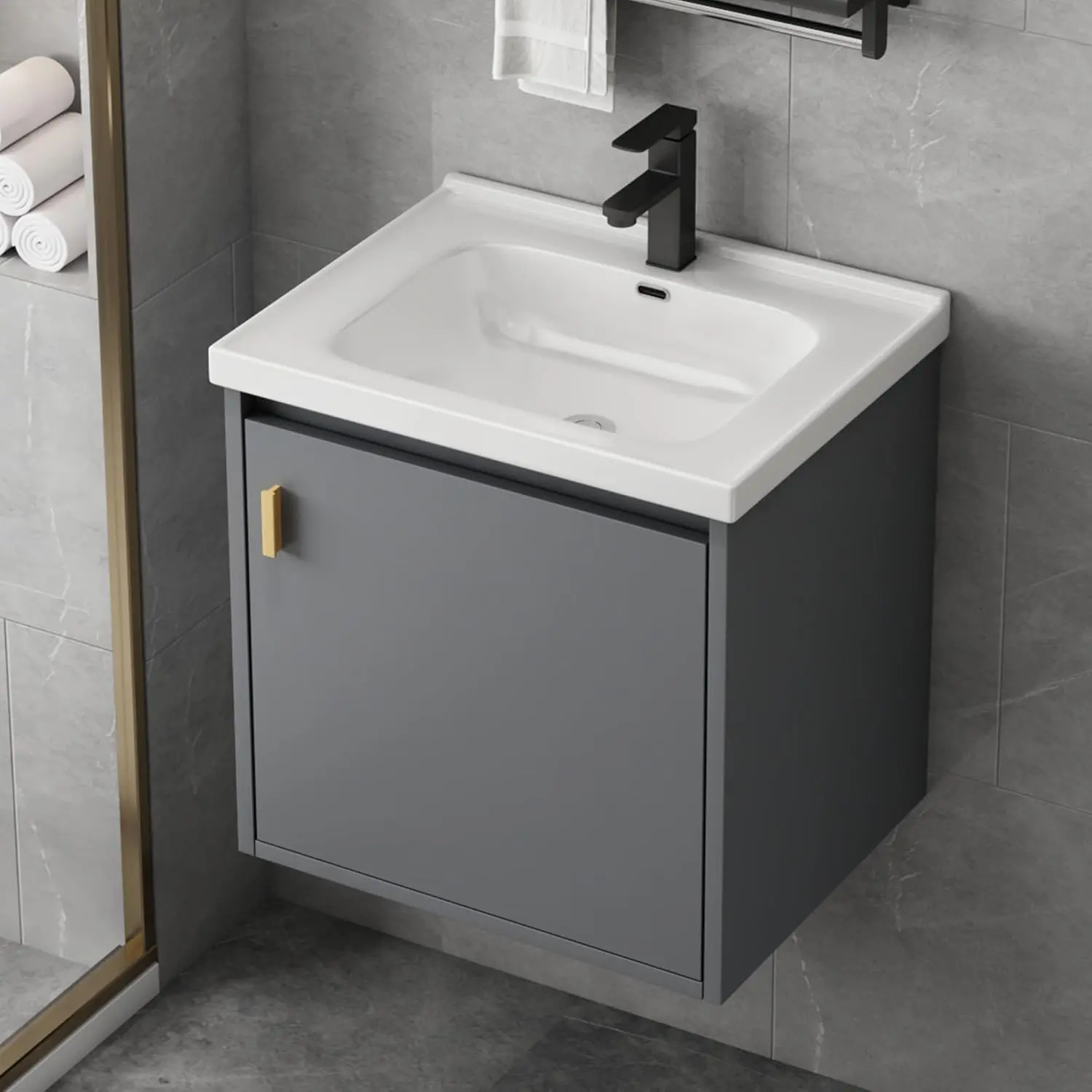 20'' Wall-Mounted Modern Floating Bathroom Vanity with Ceramic Sink Combo, Soft-Close Door Small Cabinet, Included Pop-Up Drain and P-Trap, Gray (No Faucet)