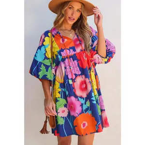 Dark Blue Floral Print Split Neck Babydoll Dress Casual Comfy Fabric Fit