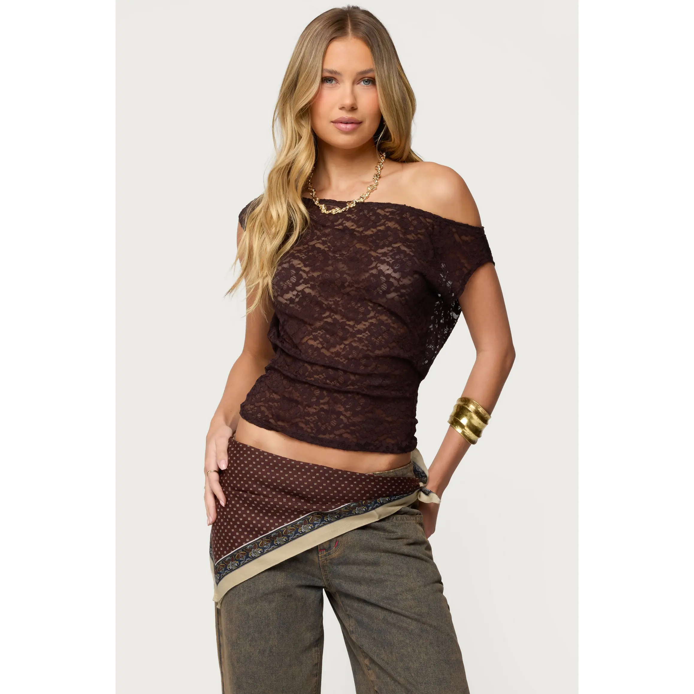 Kessa Sheer Lace Off Shoulder Top