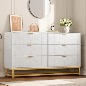 【Christmas Gift】53.5 inch Wide Modern 6 Drawer Dresser  Wide Chest with Gold Metal Legs and Handles  Wood Storage Organizer for Bedroom  Living Room  Hallway  White