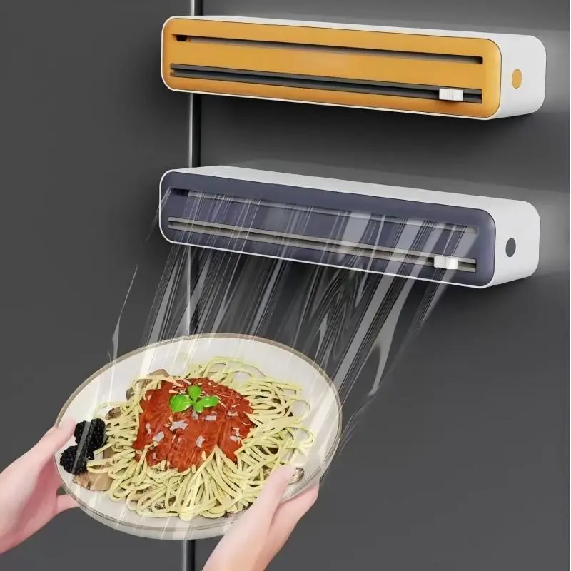 Large Size Plastic Wrap Dispenser with Cutter, Dual Slide Cutting Multifunctional Foil & Parchment Paper Cutter, Reusable Kitchen Film Sealing Machine, Compatible with Plastic Wrap, Aluminum Foil, Baking Paper & Wax Paper, Durable Plastic Material, Stylis