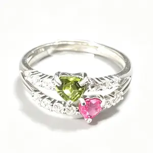 Dual Heart Tourmaline Statement Ring 925 Sterling Silver Adjustable | Heart-Cut Green & Pink Tourmaline with CZ Accents